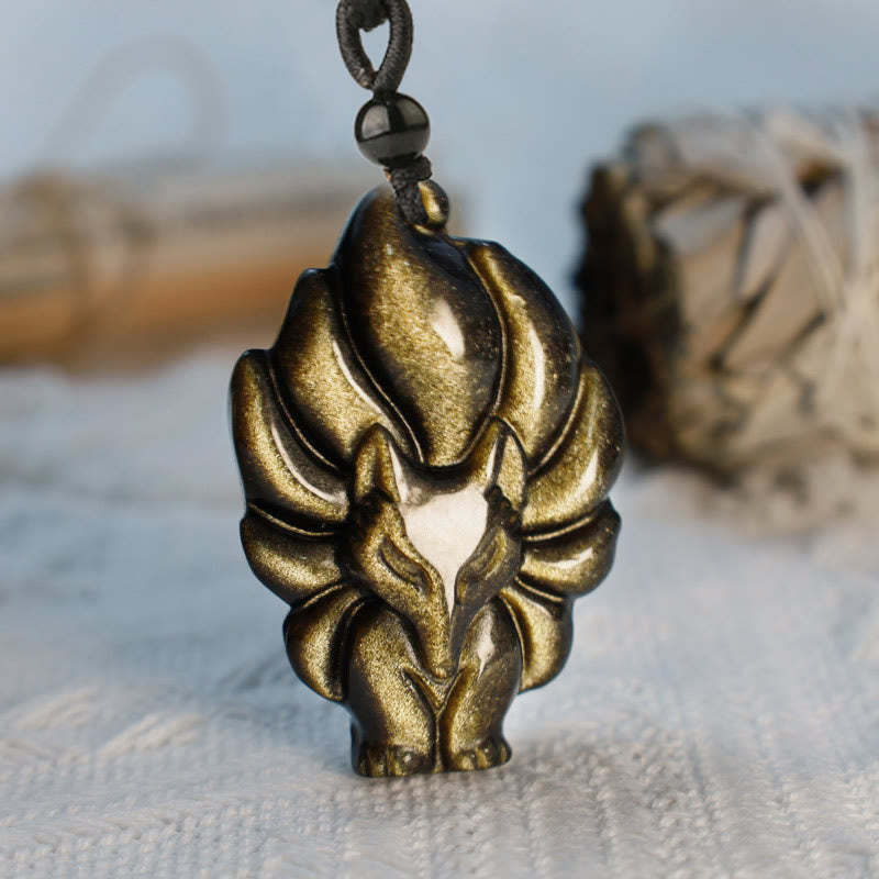 Natural Fluorite Gold Sheen Obsidian Fox Pendant Protection Necklace