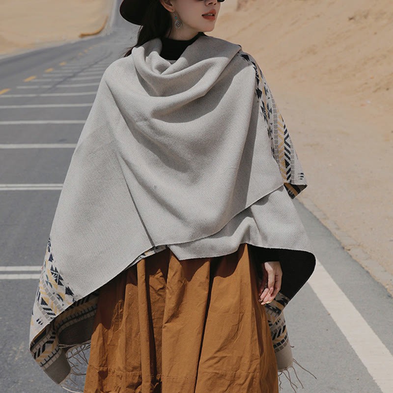 Tibetan Geometric Rhombus Pattern Tassels Shawl Fall Winter Warm Cozy Scarf Wrap