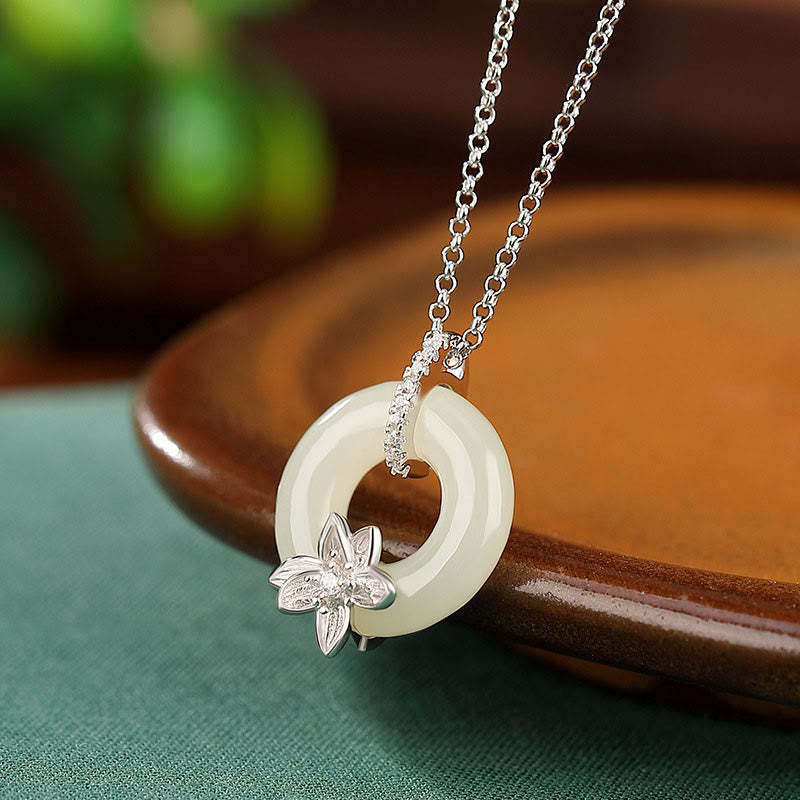 925 Sterling Silver Hetian Jade Peace Buckle Flower Luck Necklace Pendant