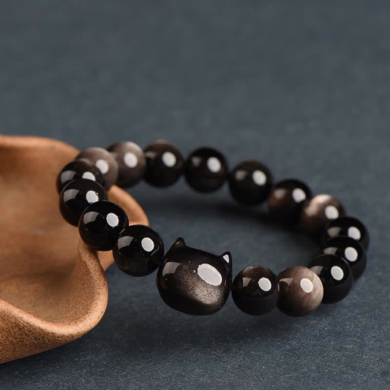 Gold Sheen Obsidian Silver Sheen Obsidian Lovely Paw Lucky Cat Protection Bracelet
