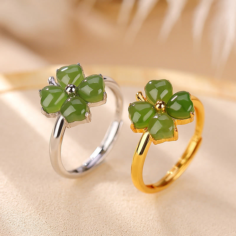 925 Sterling Silver Plated Gold Clover Hetian Cyan Jade Abundance Adjustable Ring