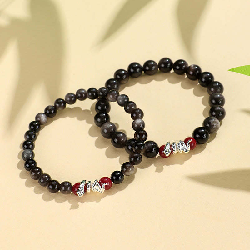Silver Sheen Obsidian Cinnabar Copper Year of the Snake Protection Bracelet
