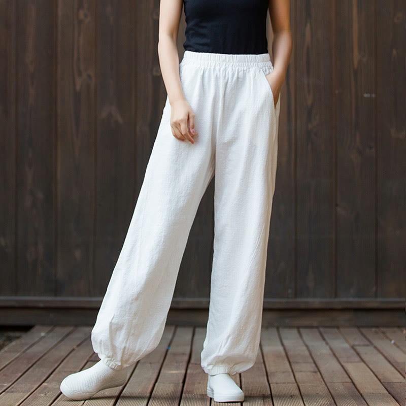 Casual Solid Plain Color Carrot Elastic Waistband Cotton Ramie Women's Pants With Pockets