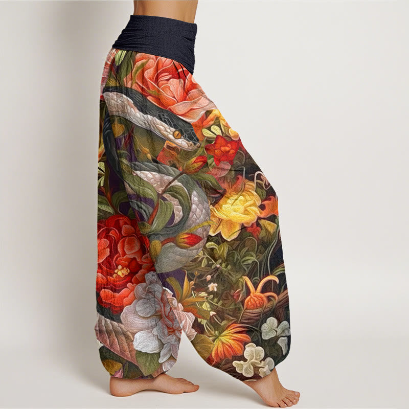 Snake Peony Flowers Leaf Pattern Women's Elastic Waist Harem Pants