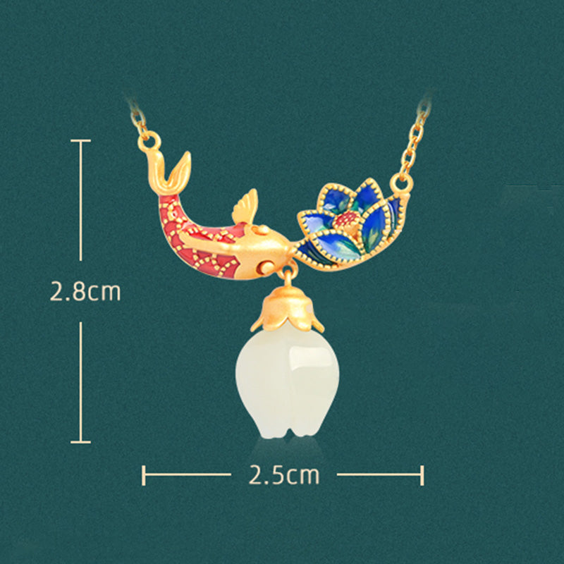 925 Sterling Silver White Jade Koi Fish Lotus Protection Necklace Pendant