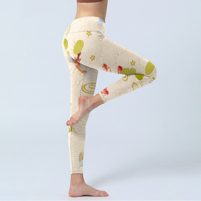 Koi Fish Lotus Leaves Print Gym Leggings Women's Yoga Pants
