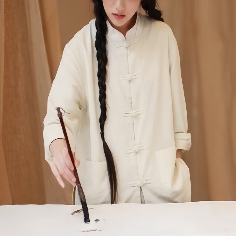 Solid Color Frog-button Long Sleeve Cotton Linen Women's Shirts With Pockets