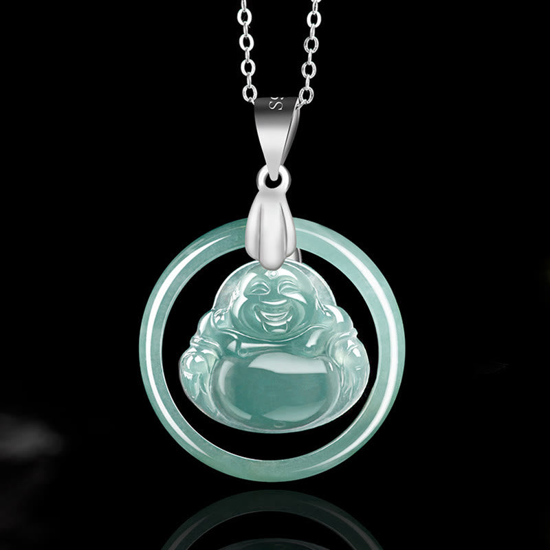 925 Sterling Silver Natural Jade Round Laughing mystic zen Abundance Chain Necklace Pendant