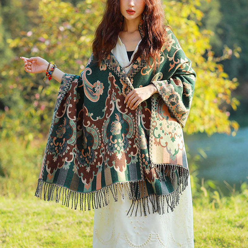 Tibetan Flowers Leaves Branch Design Tassel Shawl Cozy Travel Scarf Wrap