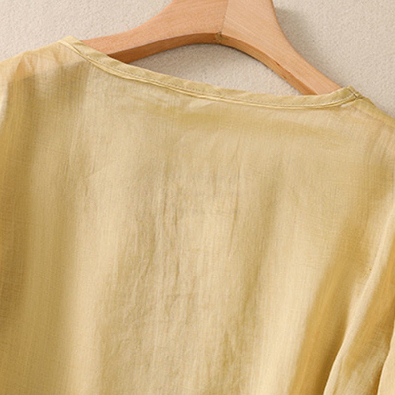 Artistic Plain Floral Embroidered Design Crew Neck Puff Half Sleeve Cotton Linen Women's T-Shirt