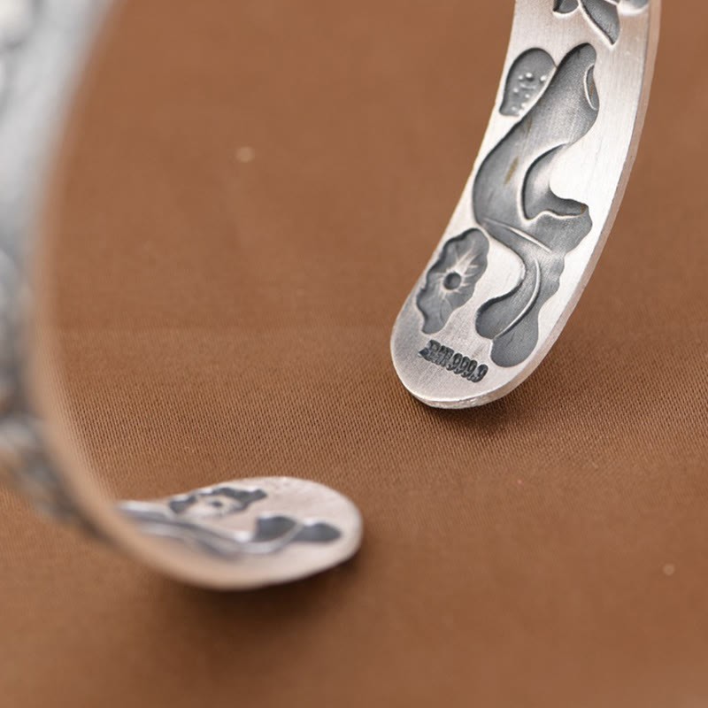 999 Sterling Silver Luck Koi Fish Lotus Wealth Bracelet Bangle