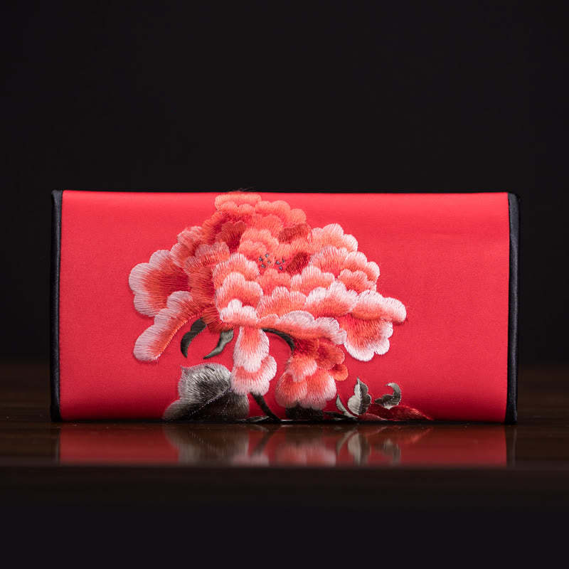 Peony Flower Su Embroidery Journey Shopping Long Purse Handbag