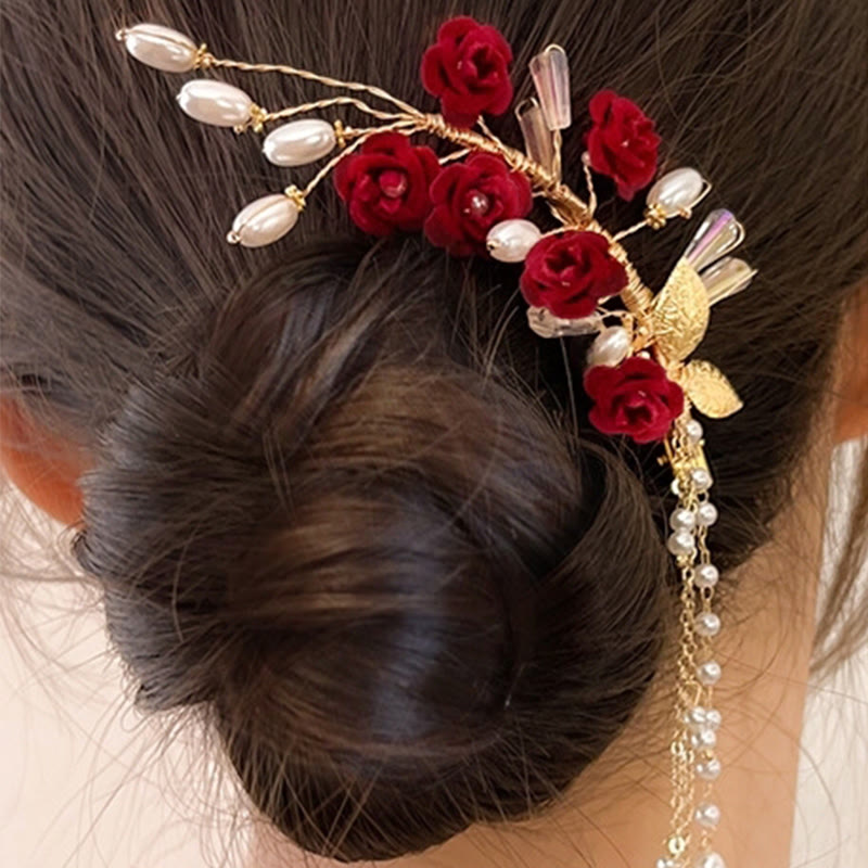 Classical Chinese Wedding Bridal Red Rose Hair Clip