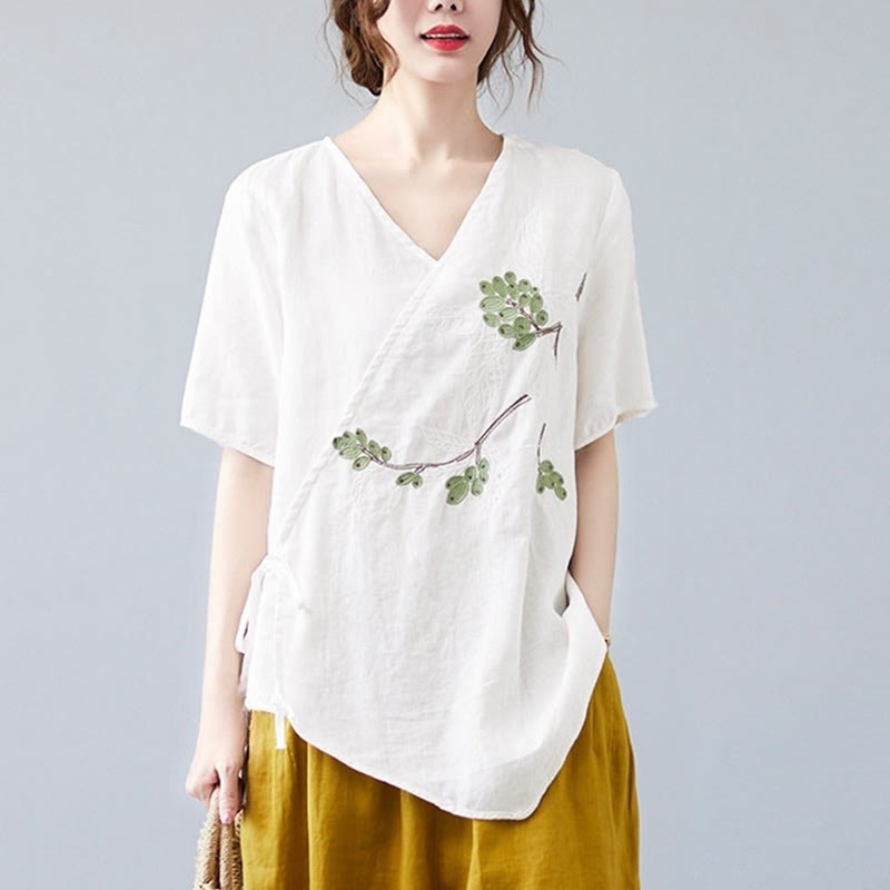 Summer Casual Ethnic Embroidery Flower Lace-up Short Sleeve V-neck Cotton Linen Women's T-Shirt