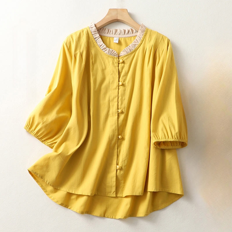 Casual Plain Frog-Button Women's Ruffle Collar Design Half Sleeve Cotton Linen Shirt