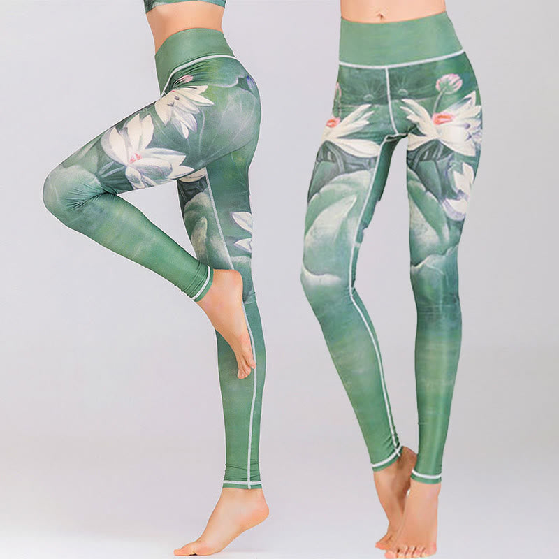Lotus Cherry Blossom Gradient Peacock Print Lycra Fabric Fitness Leggings Women's Yoga Pants