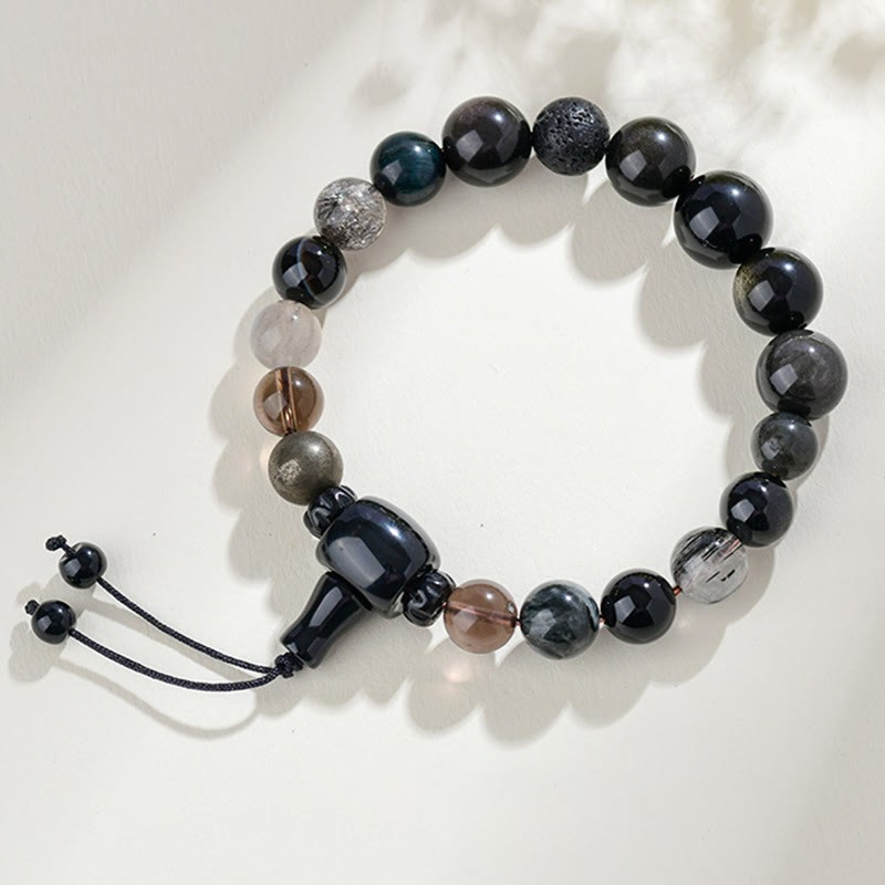 Five Elements Various Crystal Black Obsidian Wealth Wisdom Bracelet