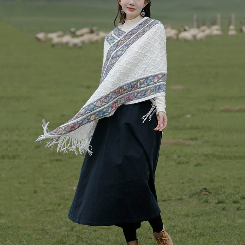 Tibetan Colorful Striped Rhombus Pattern Shawl Tassels Pullover Winter Cozy Travel Scarf Wrap
