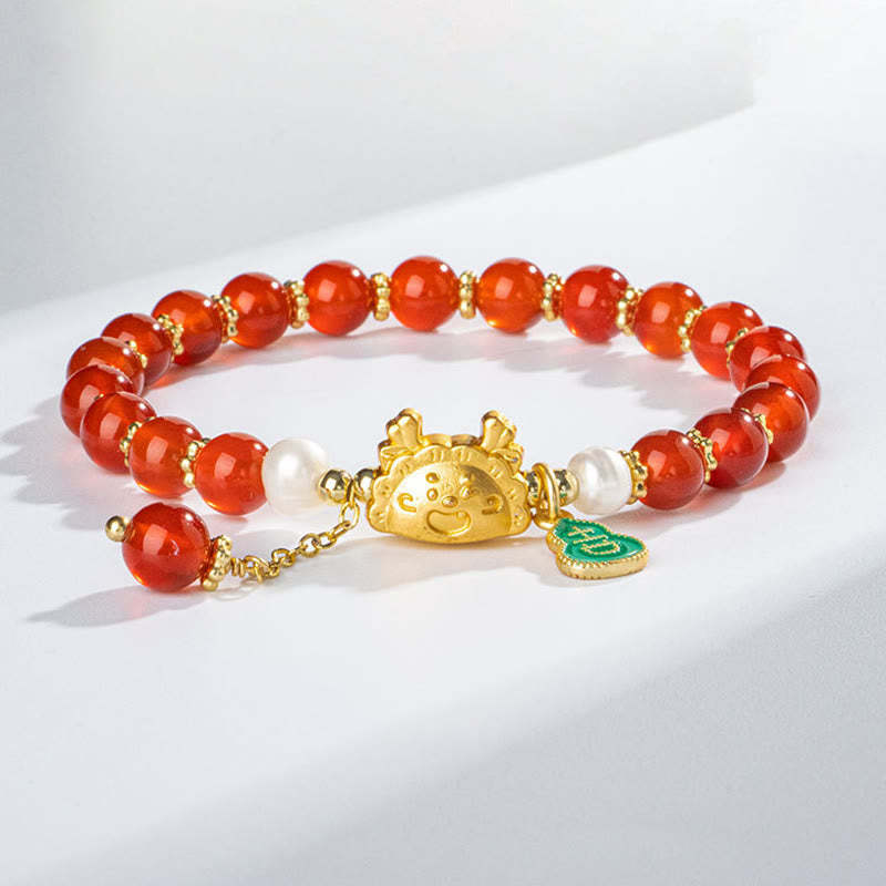 Year Of The Dragon Natural Red Agate Pink Crystal Black Onyx Dumpling Luck Fu Character Bracelet