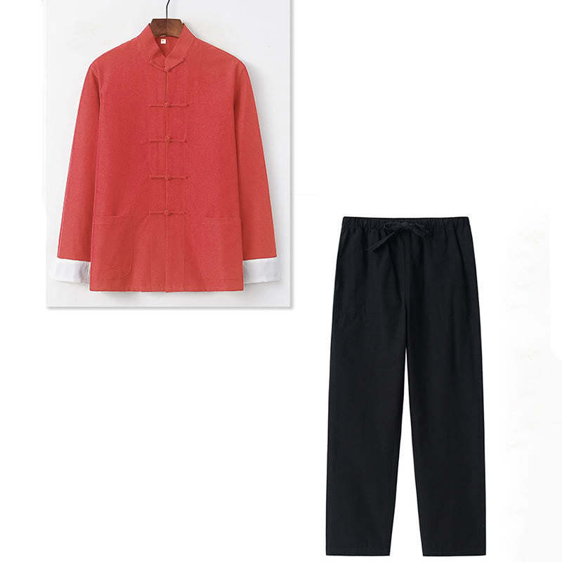 2Pcs Fall Men's Tang Suit Frog-Button Cotton Long Sleeve Shirt Pants Set
