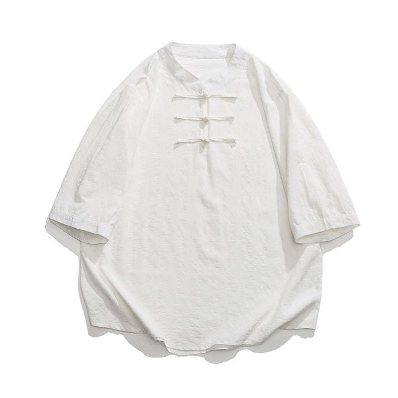 Frog-Button Plaid Pattern Chinese Tang Suit Half Sleeve Shirt Cotton Linen Men Clothing