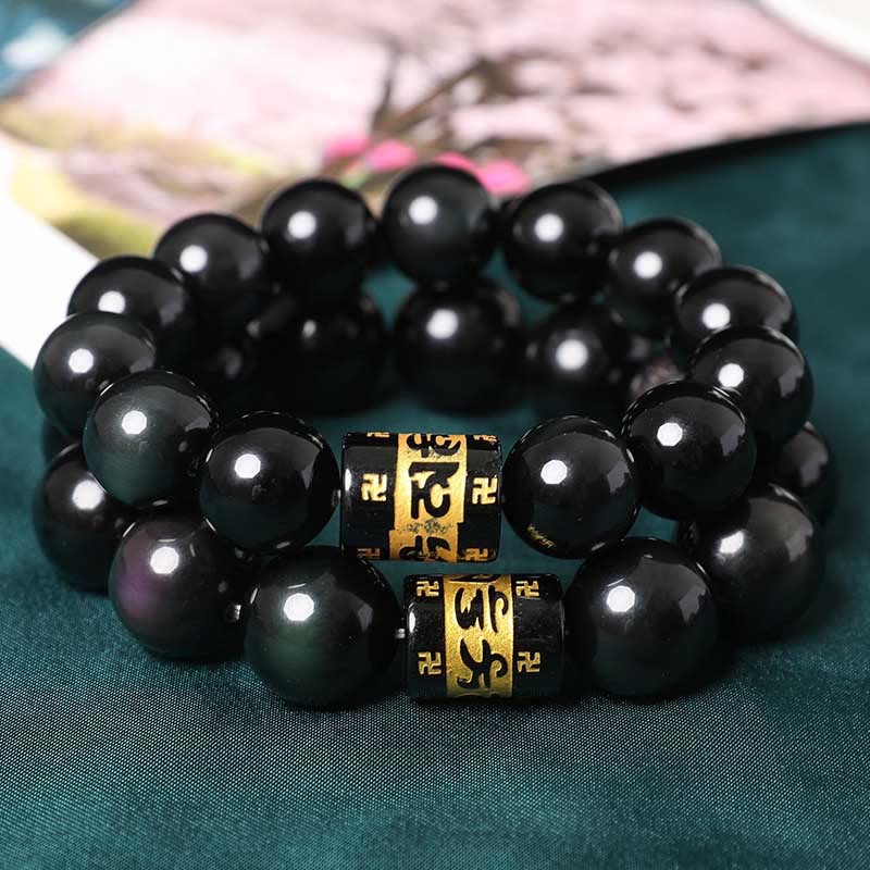 Rainbow Obsidian Om Mani Padme Hum Swastika Positive Bracelet