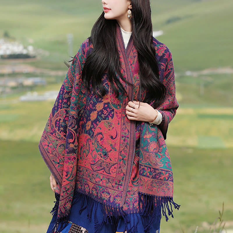 Tibetan Cashew Flowers Vine Pattern Tassels Shawl Fall Winter Soft Scarf Wrap