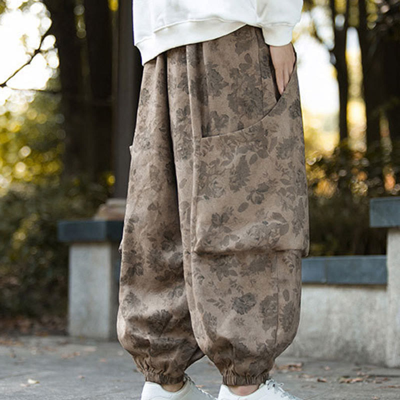 Casual Flower Corduroy Cotton Men's Pants With Big Pockets