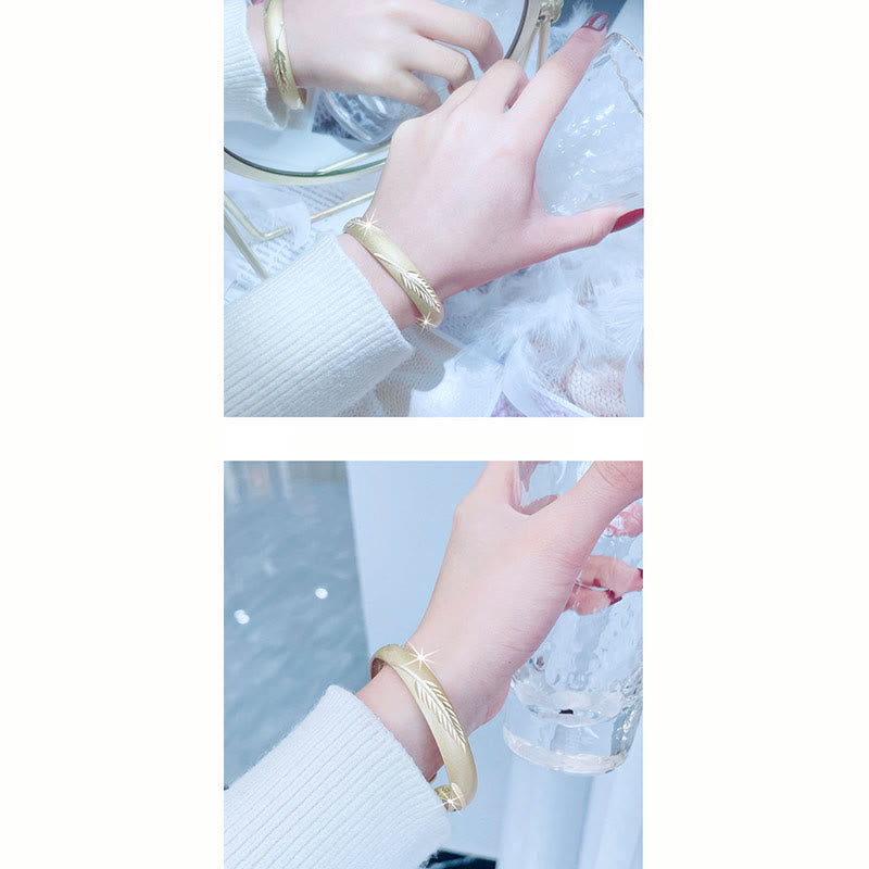 Feather Heart Sutra Engraved Pattern Wealth Copper Cuff Bracelet Bangle