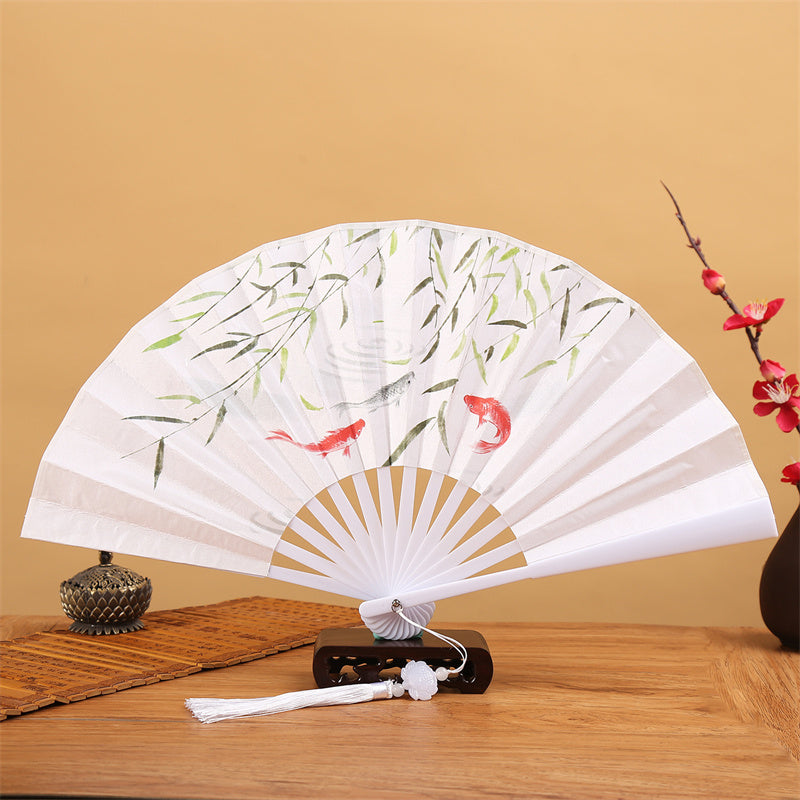 Dragon Phoenix Tiger Crane Eagle Wolf Koi Fish Handheld Folding Fan Lotus Tassel Fan