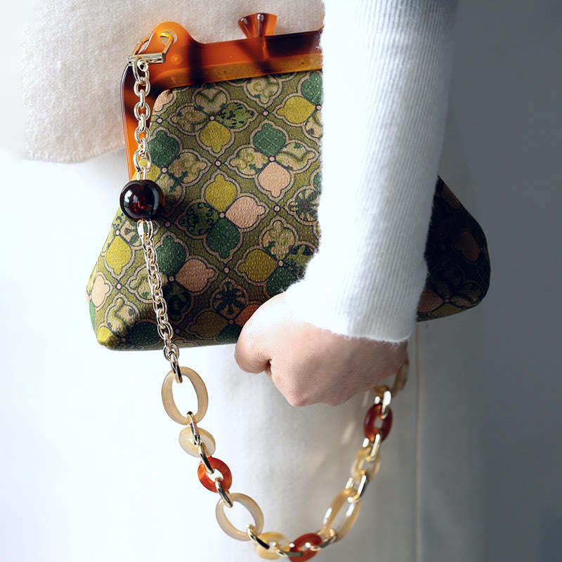 Green Leaves Handbag Metal Chain Crossbody Bag Shoulder Bag Cellphone Bag
