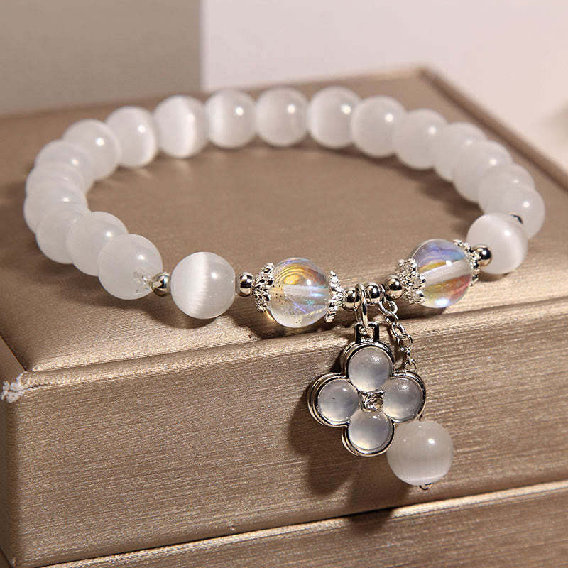 Cat's Eye Crystal Lucky Four Leaf Clover Charm Love Bracelet