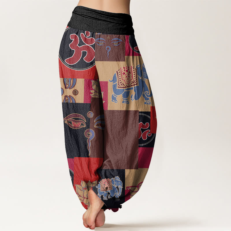 Casual Elephant Lotus mystic zen's Eye Collage Pattern Women's Elastic Waist Harem Pants