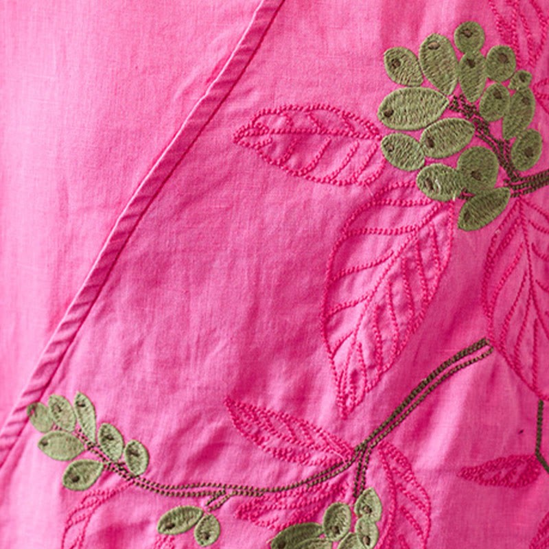 Summer Casual Ethnic Embroidery Flower Lace-up Short Sleeve V-neck Cotton Linen Women's T-Shirt