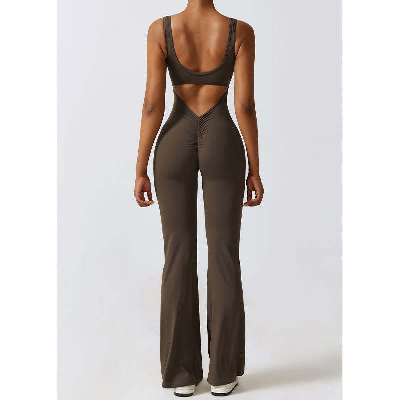 Women Workout Sleeveless Jumpsuit Flare Pants Sports Fitness Yoga Bodysuit