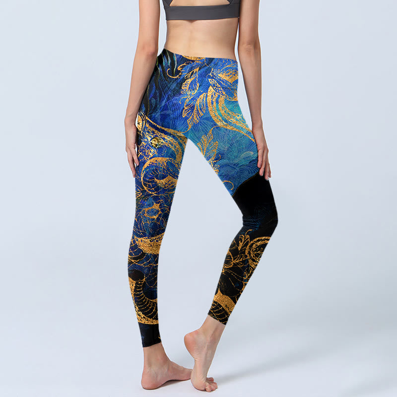 Black Snake Butterfly Flower Leaves Print Gym Leggings Women's Yoga Pants