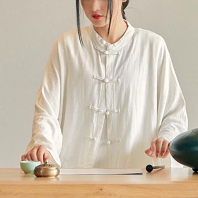 Plain Frog-Button Design Shirt Zen Tai Chi Meditation Top Clothing Cotton Linen Jacket