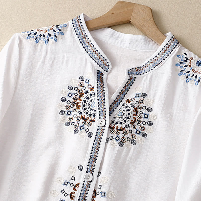 Casual Women's Bohemia Embroidery Flowers V-Neck Design Half Sleeve Cotton Linen Shirt