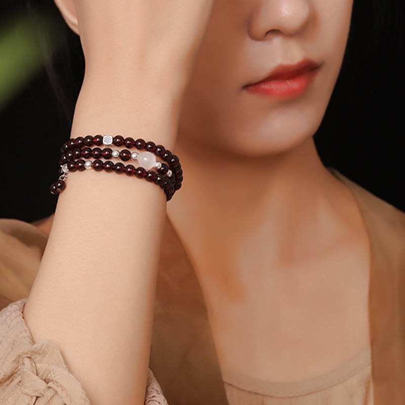 925 Sterling Silver Natural Garnet Cat Eye Protection Triple Wrap Bracelet