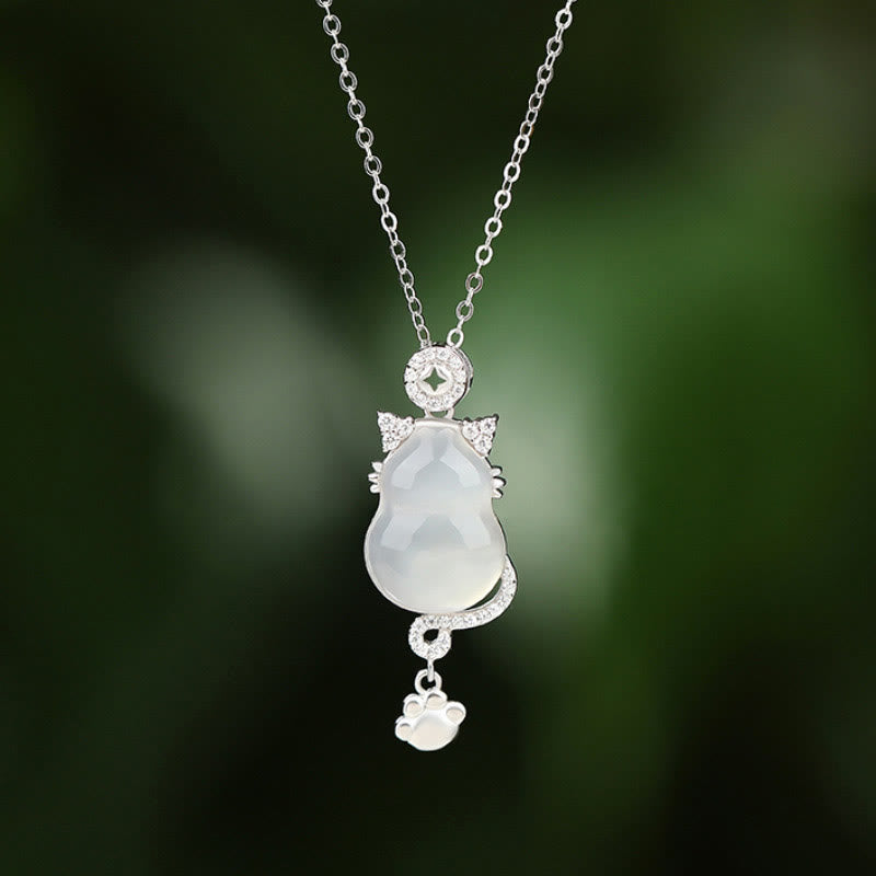 925 Sterling Silver 14k Gold White Jade Gourd Cat Protection Necklace Pendant