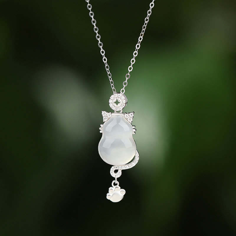 925 Sterling Silver 14k Gold White Jade Gourd Cat Protection Necklace Pendant