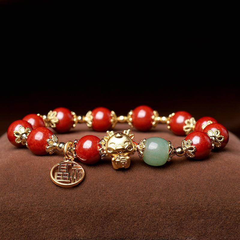 Year of the Dragon Natural Cinnabar Fu Character Charm Blessing Bracelet