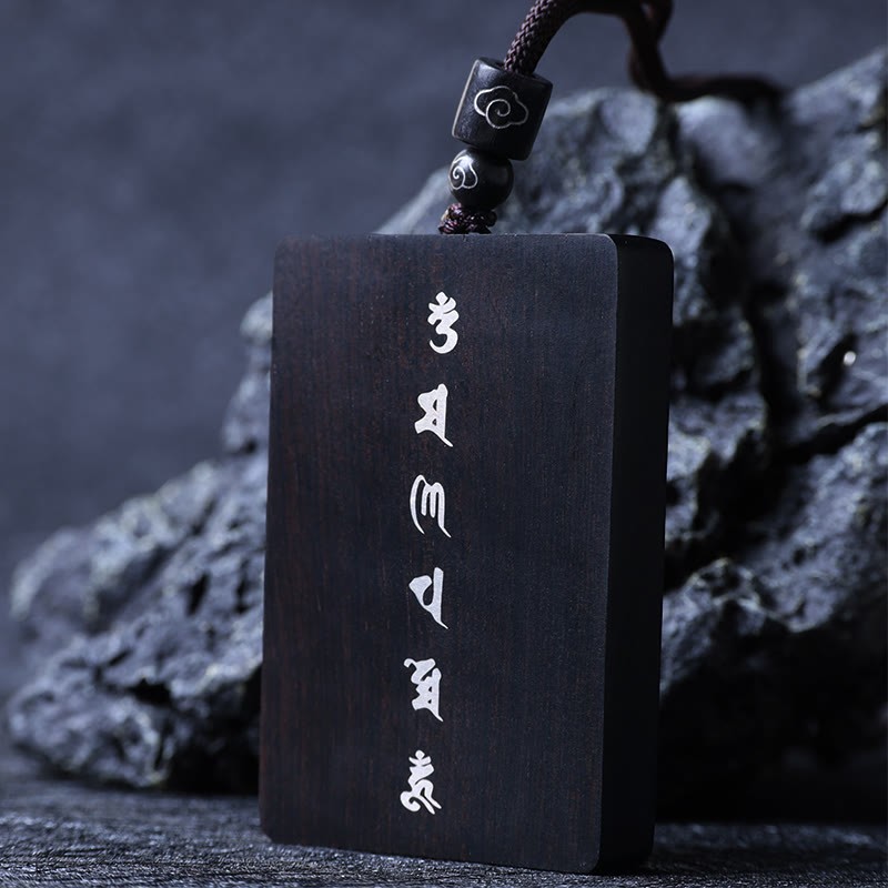 999 Sterling Silver Small Leaf Red Sandalwood Ebony Wood Om Mani Padme Hum Inlaid Protection Necklace Pendant