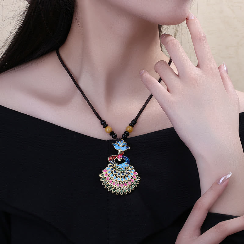 Colourful Peacock Amber Turquoise Agate Fortune Necklace Pendant