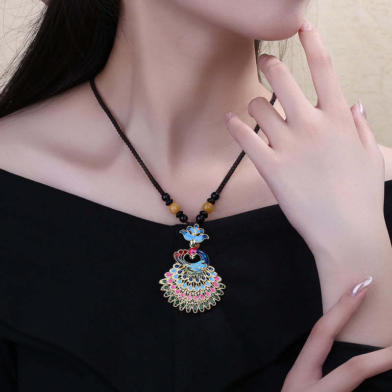 Colourful Peacock Amber Turquoise Agate Fortune Necklace Pendant