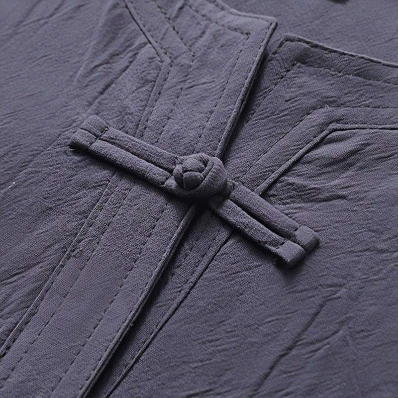 2Pcs Simple Design Chinese Frog-Button Shirt Drawstring Wide Leg Pants With Pockets Men's Meditation Cloth Set