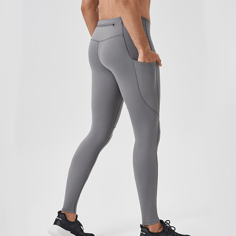 Solid Color High Waist Elastic Breathable Sports Men's Leggings Pants With Back Zipper Pocket