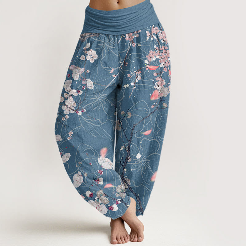 Casual White Plum Blossom Tree Trunk Women's Elastic Waist Harem Pants