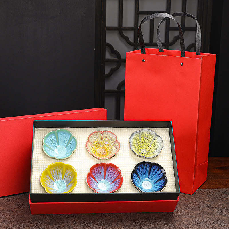 6Pcs Plum Blossom Petal Pattern Chinese Jianzhan Kiln Change Ceramic Teacup Kung Fu Tea Cup Bowl With Gift Box