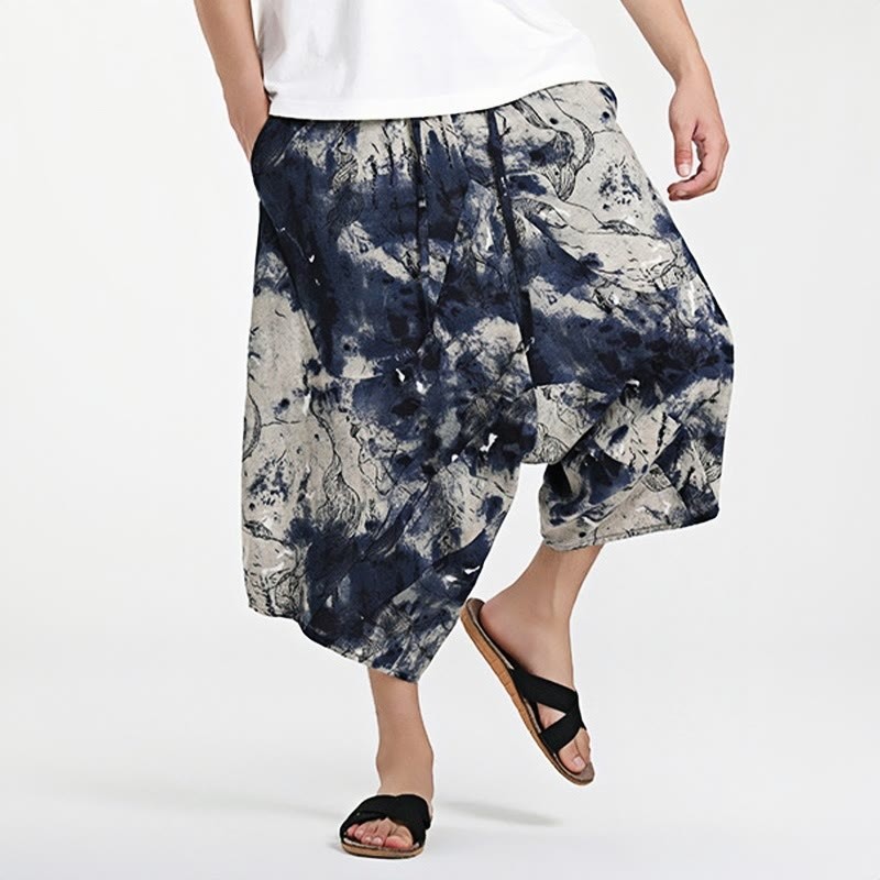 Ethnic Pattern Drawstring 7-8 Length Cotton Men's Harem Pants With Pockets